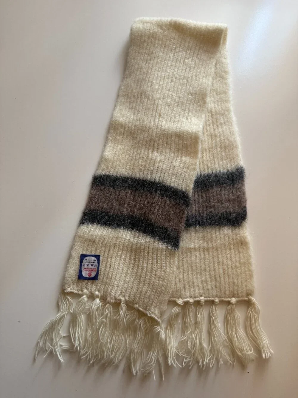 Vintage 100% Iceland Wool Scarf Made in Great Britain Ivory Brown Grey 46